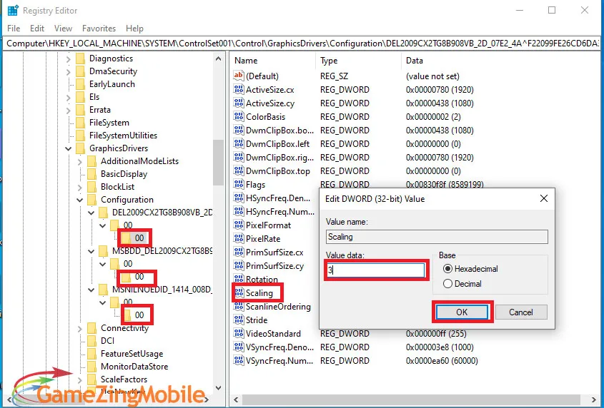 Thay đổi giá trị Scaling từ 4 sang 3 để hỗ trợ full màn hình aoe win 7