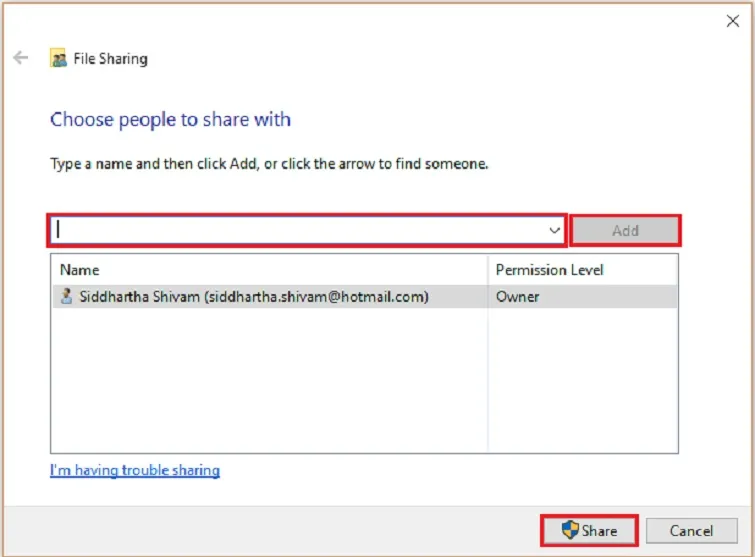 Thêm đối tượng Everyone vào danh sách được phép truy cập