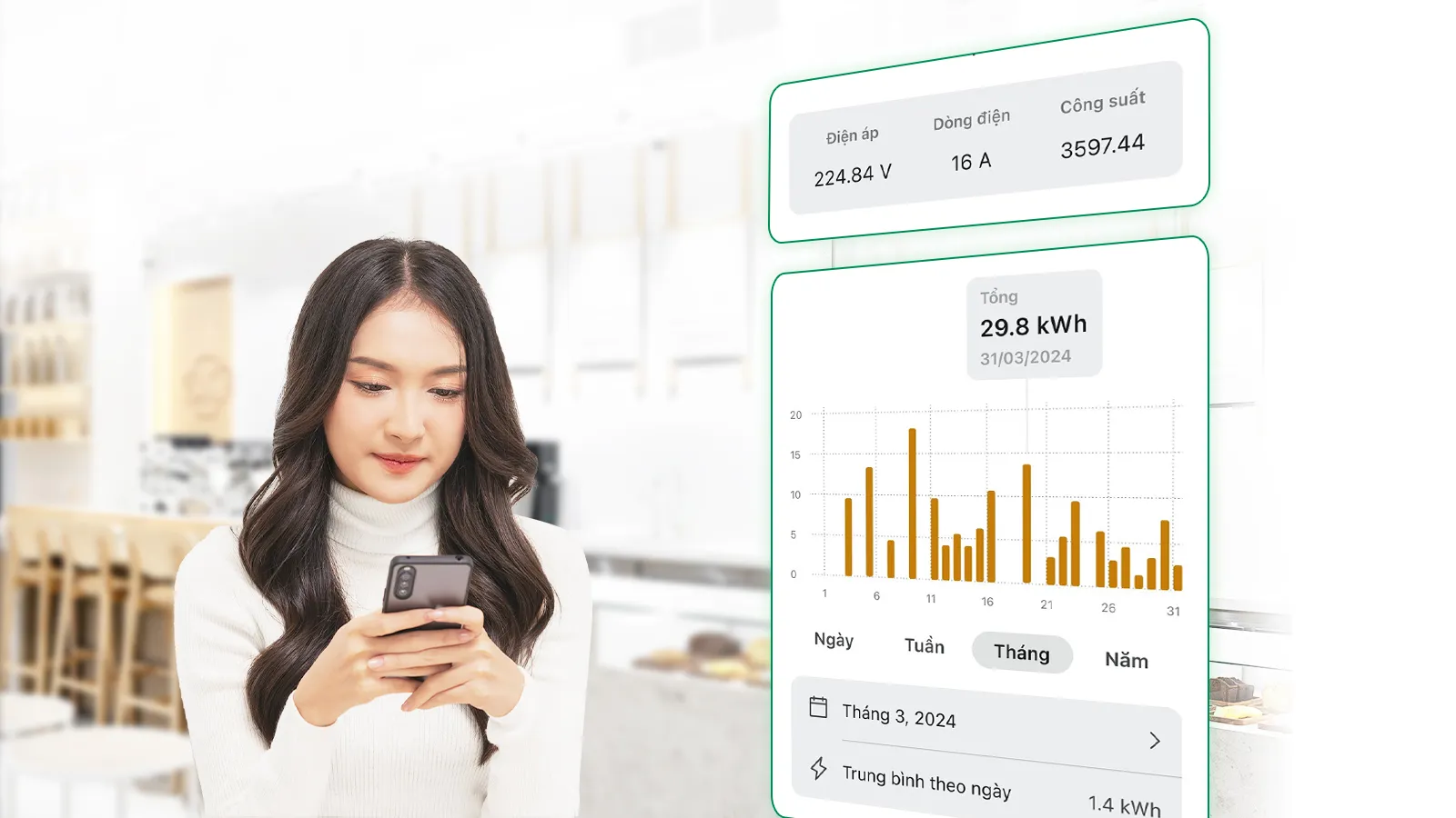 Thống kê điện năng tiêu thụ của công tắc wifi cho bình nóng lạnh trên App Lumi IoT