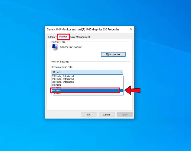 Thiết lập Screen refresh rate về mức 60 Hertz để đảm bảo tín hiệu đầu vào luôn ổn định