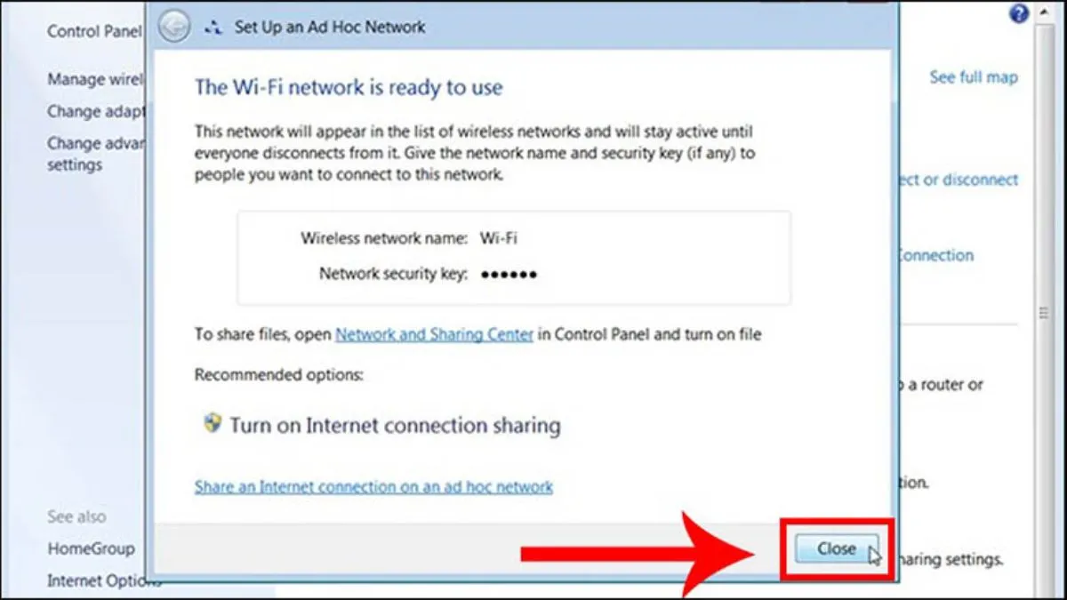 Thông báo hoàn tất việc thiết lập mạng không dây trên máy tính