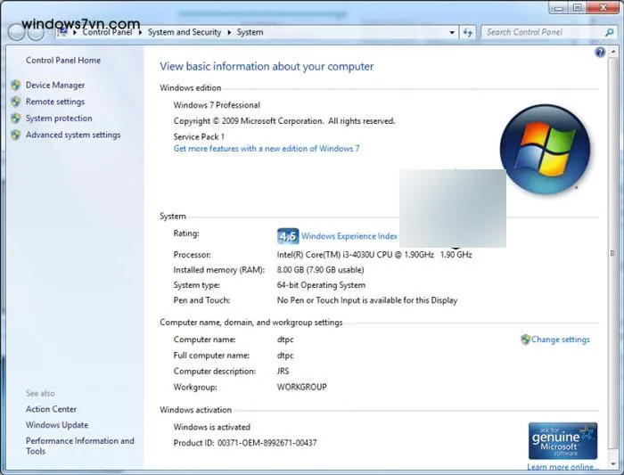 Thông báo kích hoạt Windows 7 thành công hiển thị trên màn hình
