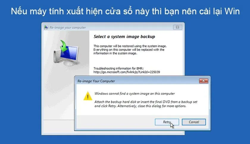 Thông báo lỗi có thể xuất hiện nếu không tìm thấy phân vùng khi cách reset máy tính win 7 như ban đầu