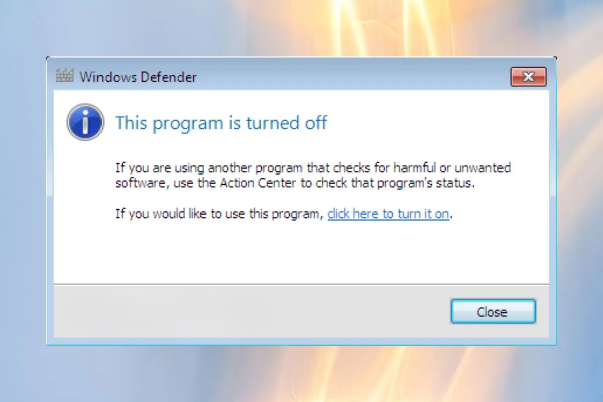 Thông báo xác nhận hệ thống đã tắt phần mềm diệt virus win 7