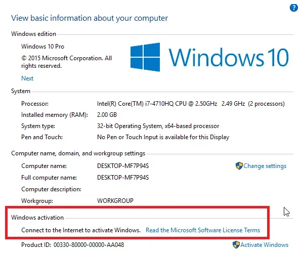 Thông báo yêu cầu kết nối internet để kích hoạt bản quyền