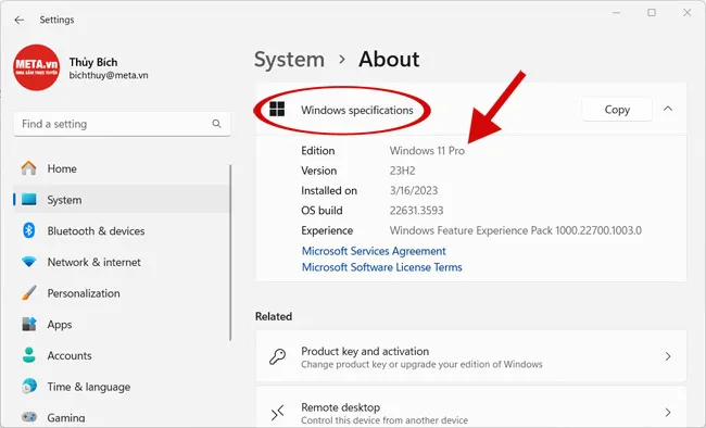 Thông tin chi tiết về phiên bản Windows xuất hiện rõ ràng trong phần Windows specifications