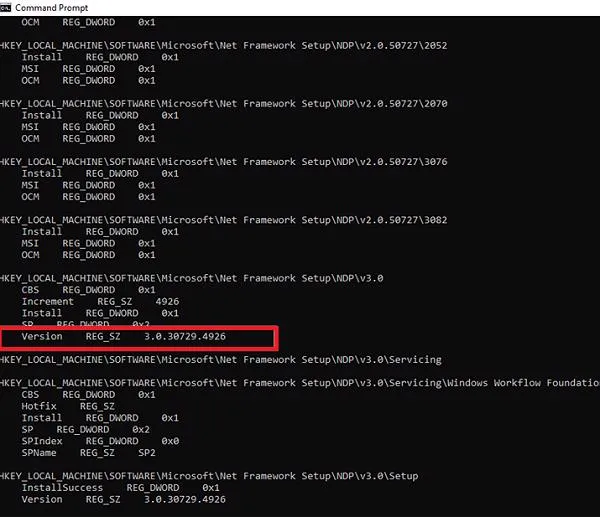 Thông tin phiên bản net framework 2.0 hiển thị trong kết quả truy vấn lệnh
