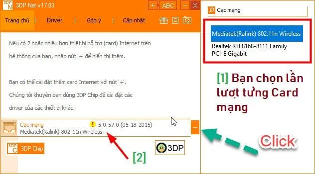 Thực hiện chọn card mạng cần cài đặt trên giao diện
