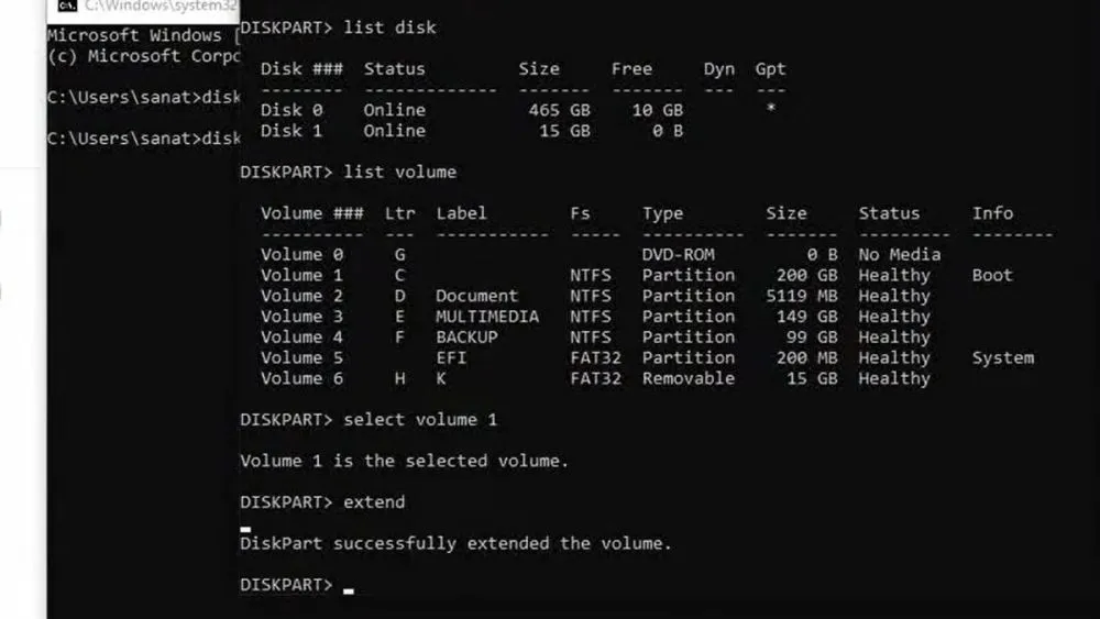 Thực hiện lệnh gộp dung lượng cuối cùng để mở rộng ổ đĩa C