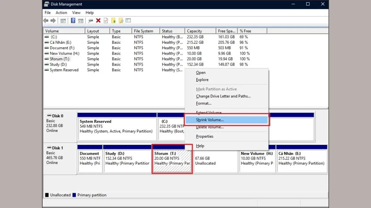 Thực hiện thao tác chọn Shrink Volume trong Disk Management
