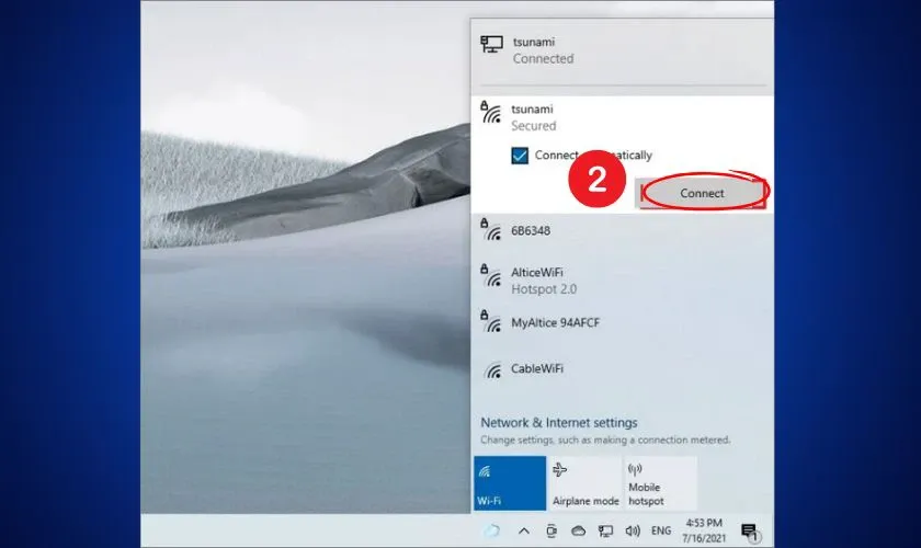 Thực hiện thao tác kết nối mạng wifi nhanh chóng trên giao diện Windows 10