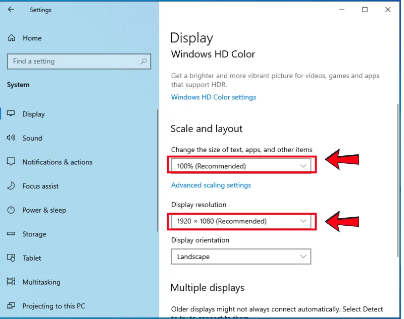Thực hiện thay đổi độ phân giải màn hình về mức khuyến nghị để sửa lỗi out of range win 10