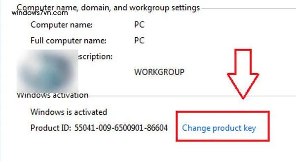 Thực hiện thay đổi Product Key trong cửa sổ System Properties