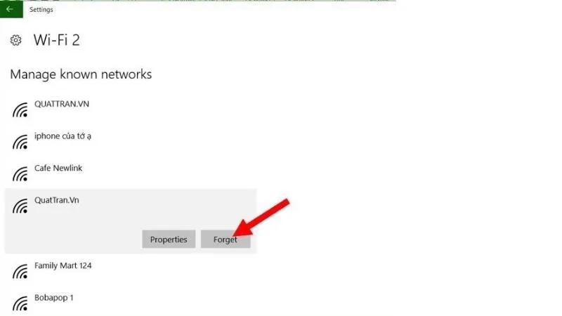 Thực hiện xóa mạng wifi cũ để làm mới kết nối trên máy tính