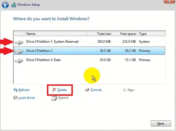 Thực hiện xóa phân vùng hệ thống cũ để làm sạch ổ đĩa