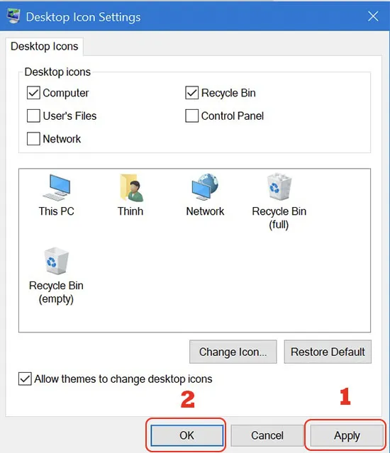 Tích chọn mục Computer để lấy my computer ra desktop win 10 thành công