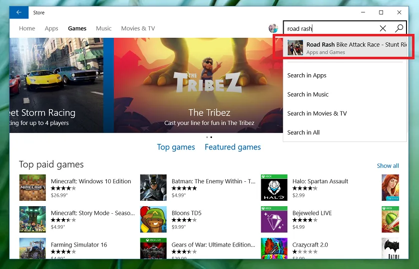 Tìm kiếm tên trò chơi Road Rash trong cửa hàng ứng dụng