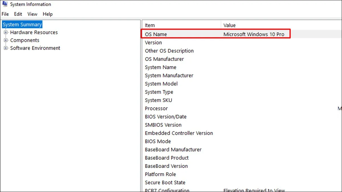 Tìm mục OS Name để xem phiên bản Windows đang sử dụng