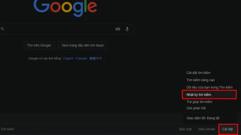 Menu cài đặt nhật ký tìm kiếm Google trên phiên bản máy tính