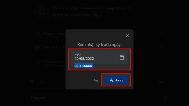 Thiết lập chọn khoảng thời gian cụ thể để tra cứu lịch sử tìm kiếm