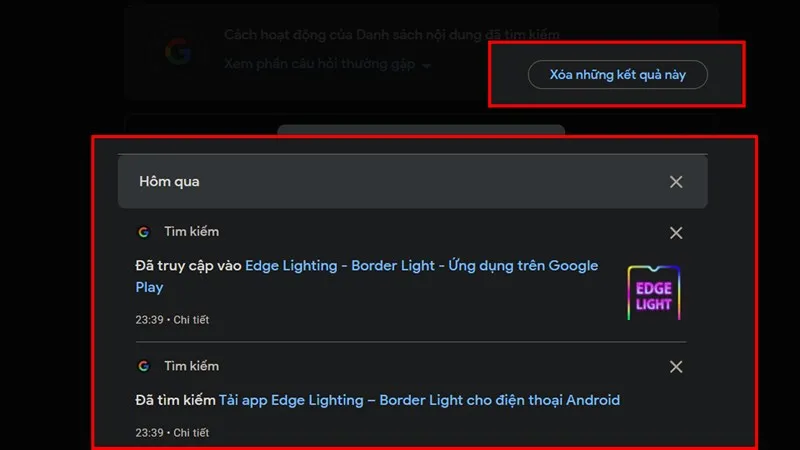 Thao tác xóa hoặc xem lại kết quả tìm kiếm chi tiết đã được lọc theo ngày