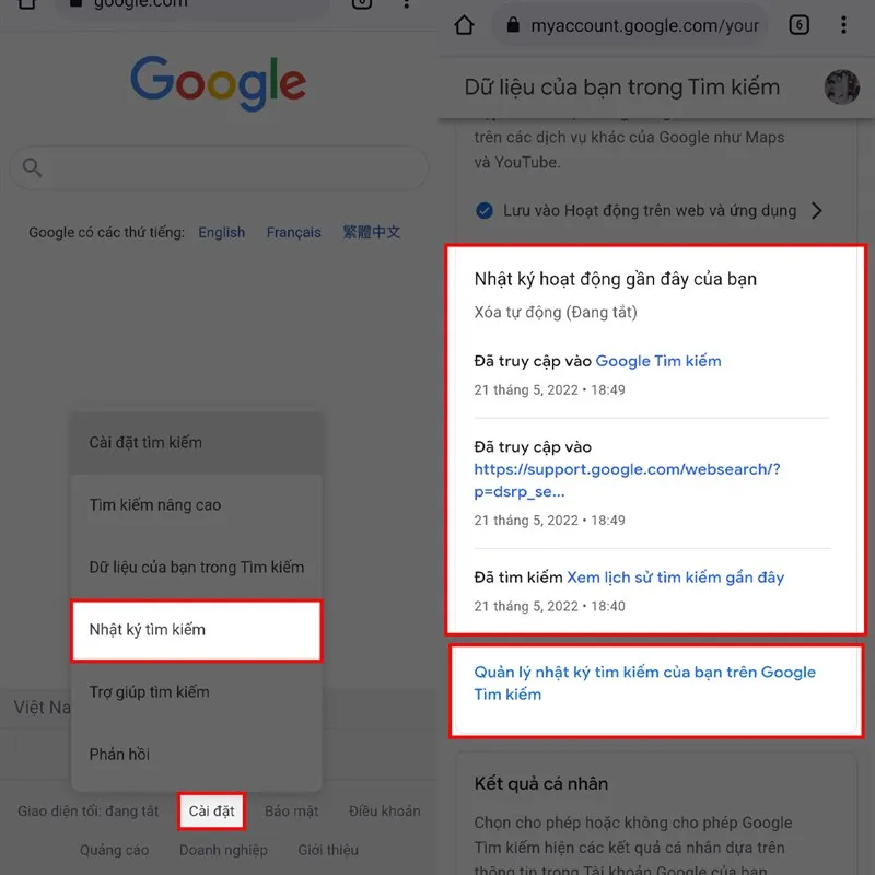 Cách truy cập vào mục Cài đặt và Nhật ký tìm kiếm trên giao diện Google mobile