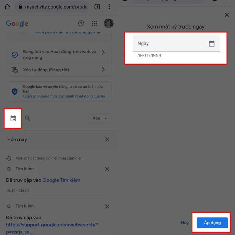 Sử dụng bộ lọc ngày tháng để tìm kiếm lại các nội dung cũ trong nhật ký
