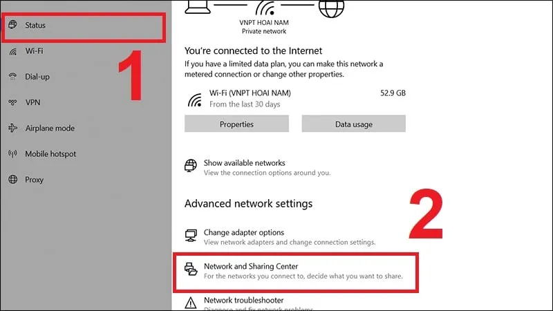 Truy cập Network and Sharing Center từ Settings