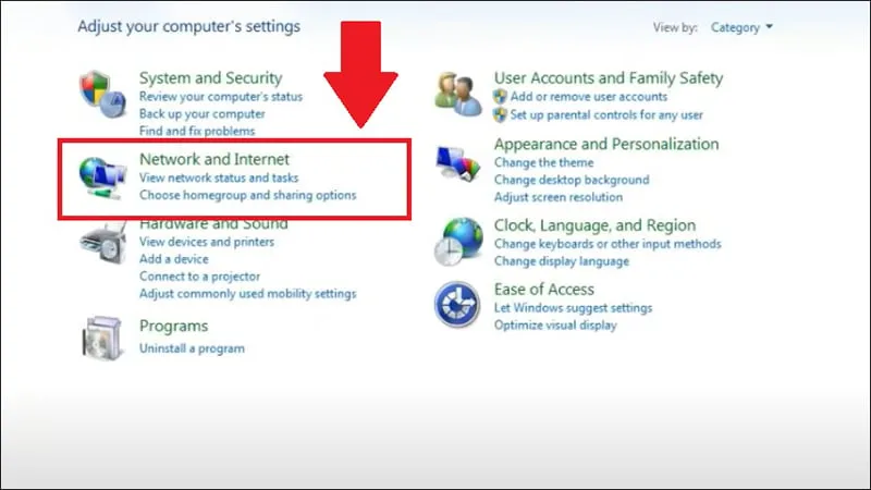 Chọn mục Network and Internet