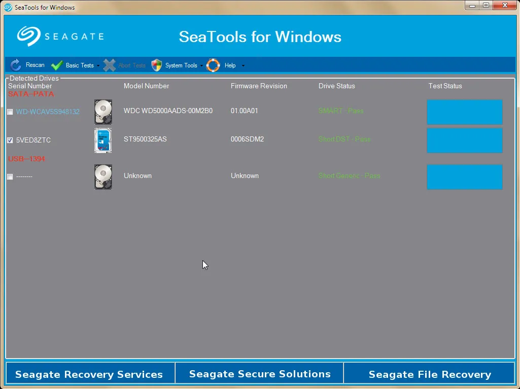 SeaTools với nhiều tùy chọn kiểm tra