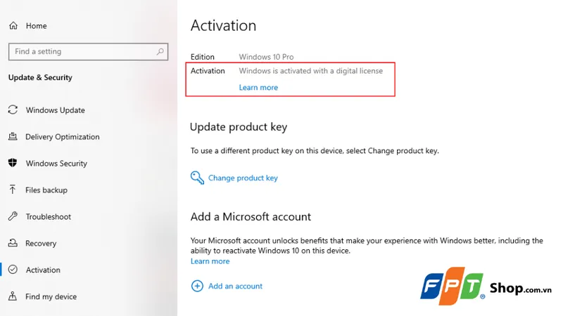 Trạng thái Windows đã được kích hoạt bằng giấy phép kỹ thuật số chính thức