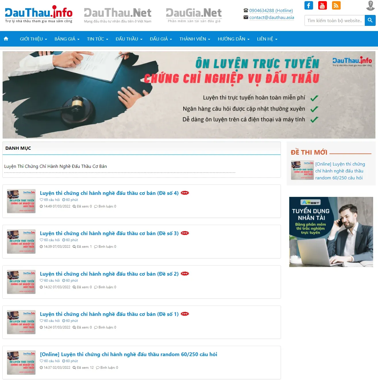 Giao diện trang ôn luyện chứng chỉ đấu thầu trực tuyến