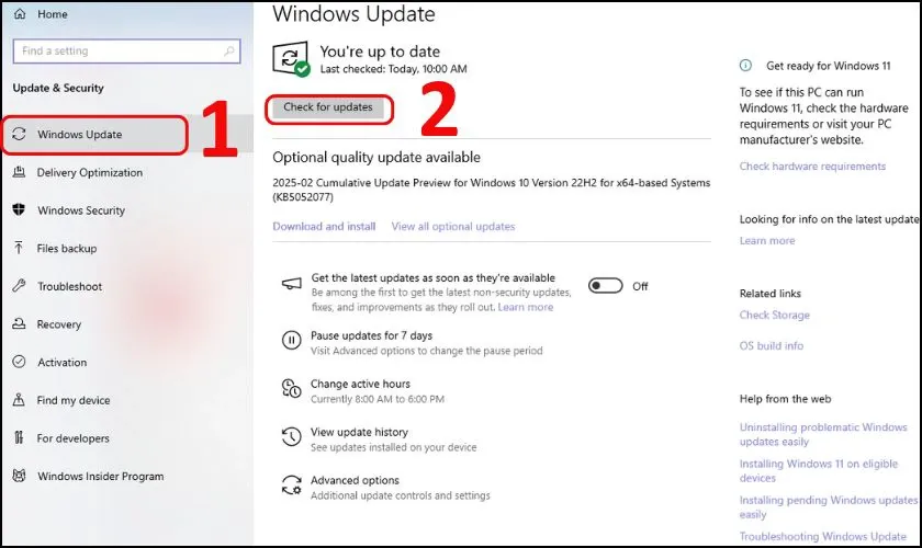 Trong mục Windows Update, nhấn Check for updates