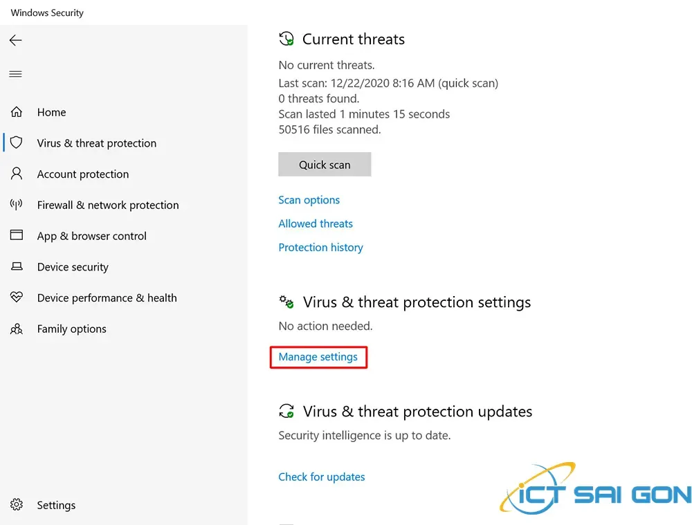 Truy cập Manage Settings để thực hiện cách tắt virus & threat protection win 10
