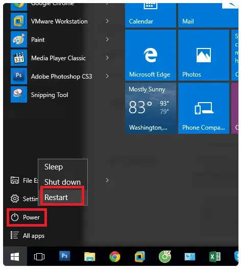 Truy cập menu Start và chuẩn bị khởi động lại máy