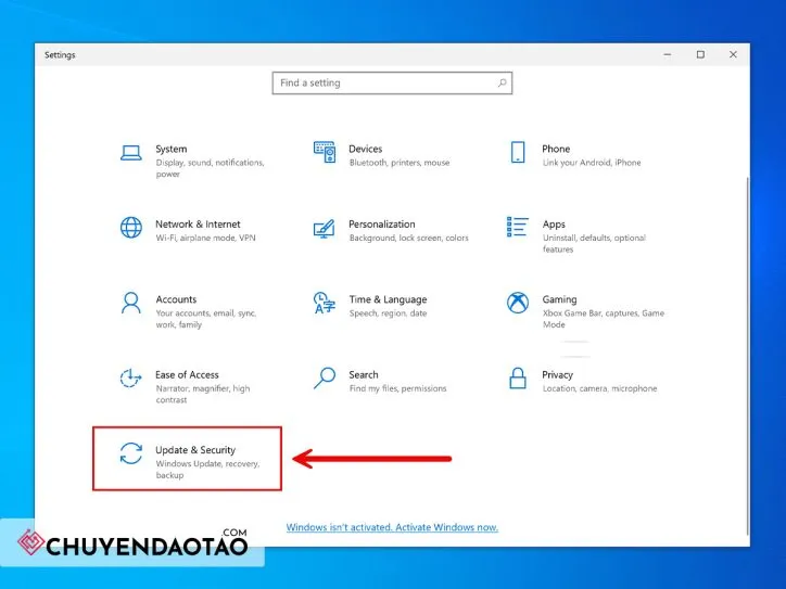 Truy cập mục cập nhật và bảo mật để kiểm tra key win 10 pro bản quyền