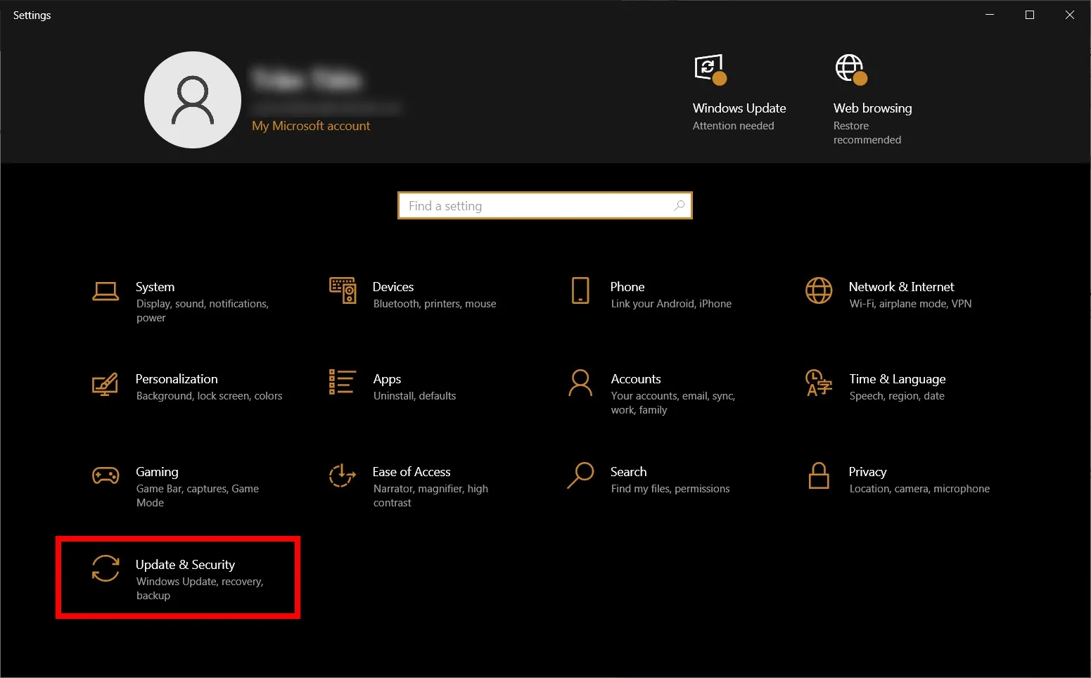 Truy cập mục cập nhật và bảo mật để tìm kiếm công cụ sửa lỗi tích hợp