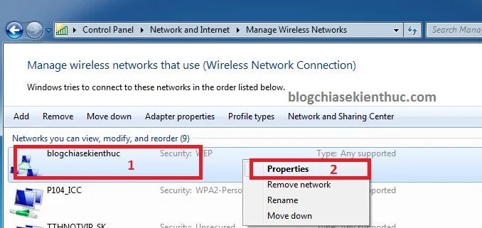 Truy cập Properties của mạng wifi để thay đổi kiểu bảo mật