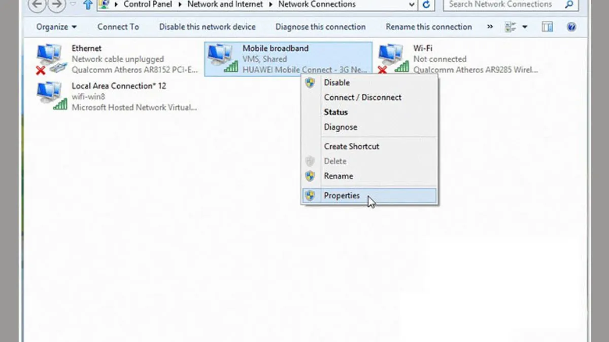 Truy cập vào bảng thuộc tính mạng để bắt đầu quá trình chia sẻ