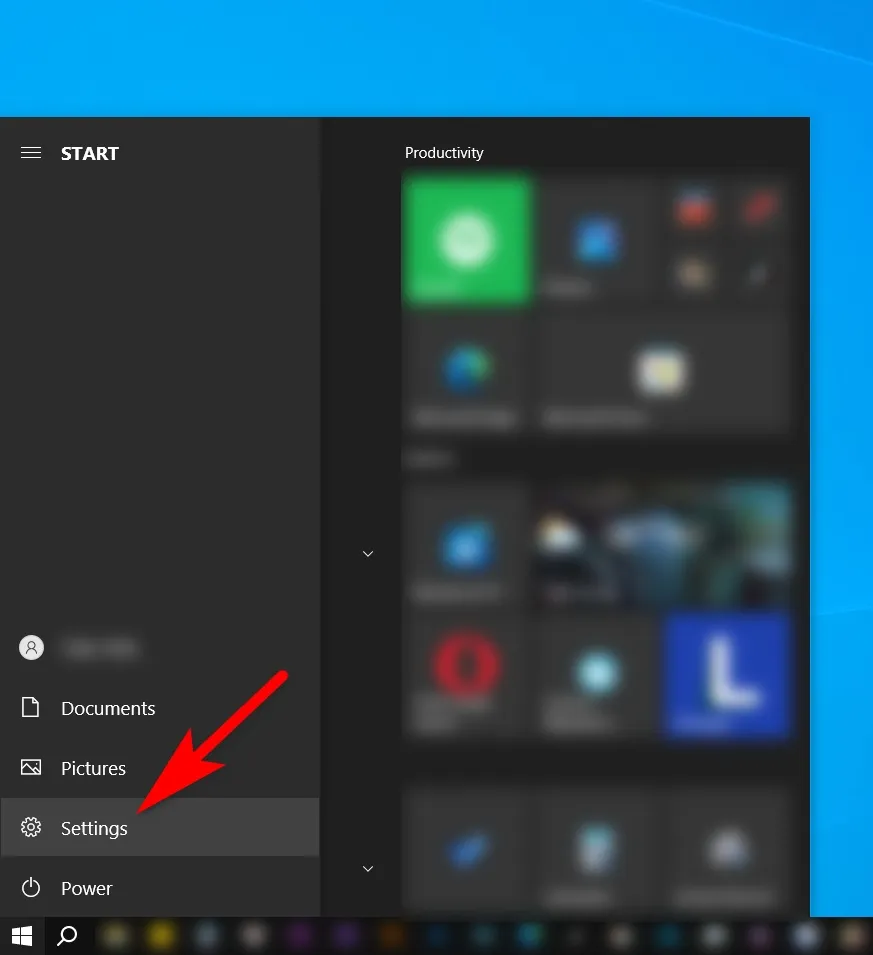 Truy cập vào mục Settings thông qua biểu tượng bánh răng trên menu Start Windows 10