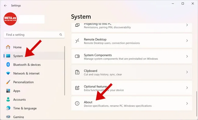 Truy cập vào mục System trong Settings để xem các thông số kỹ thuật quan trọng của Windows