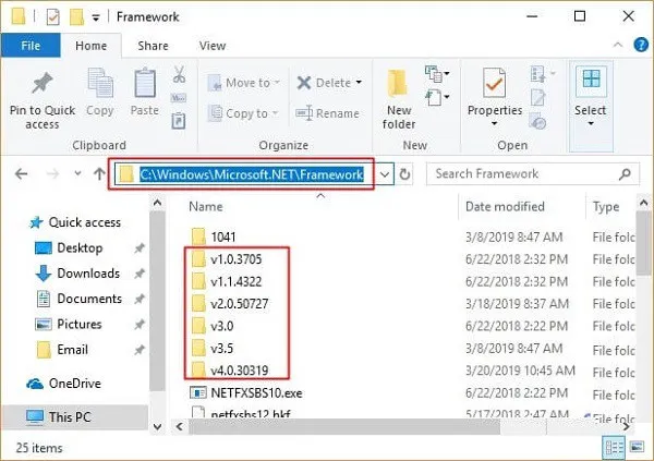 Truy cập vào thư mục Framework để xem các phiên bản đã được cài đặt