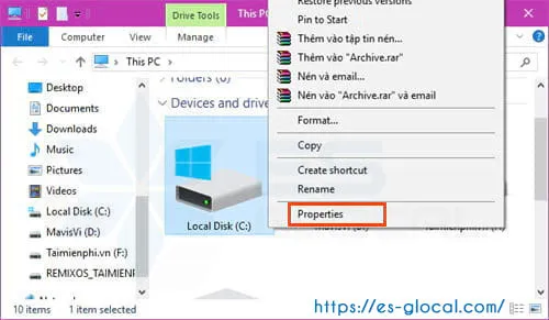 Truy cập vào thuộc tính của ổ đĩa C để kiểm tra các lỗi phát sinh trên phần cứng