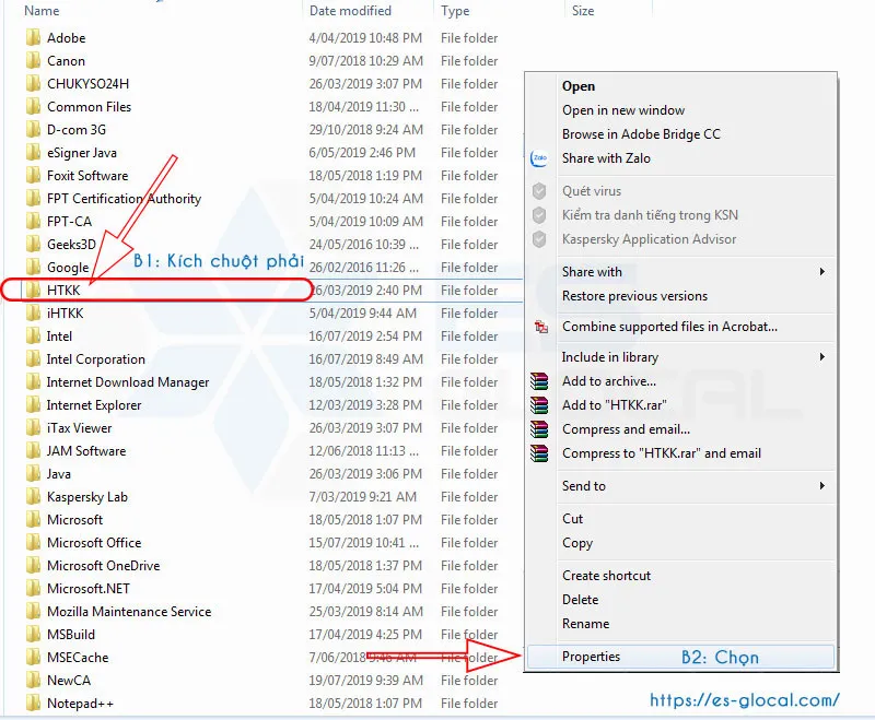 Truy cập vào thuộc tính thư mục để bắt đầu chỉnh sửa quyền hạn bảo mật hệ thống