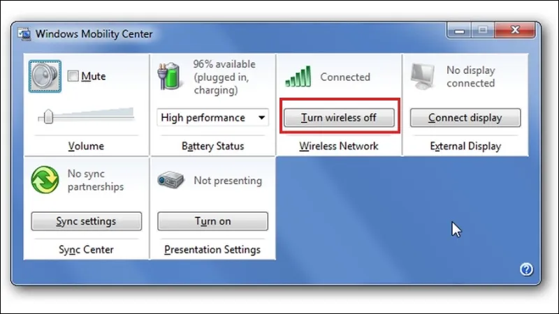 Bật WiFi trong Mobility Center