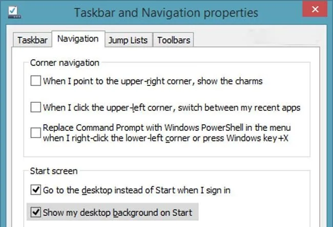 Tùy chỉnh Taskbar and Navigation properties trên Windows 8