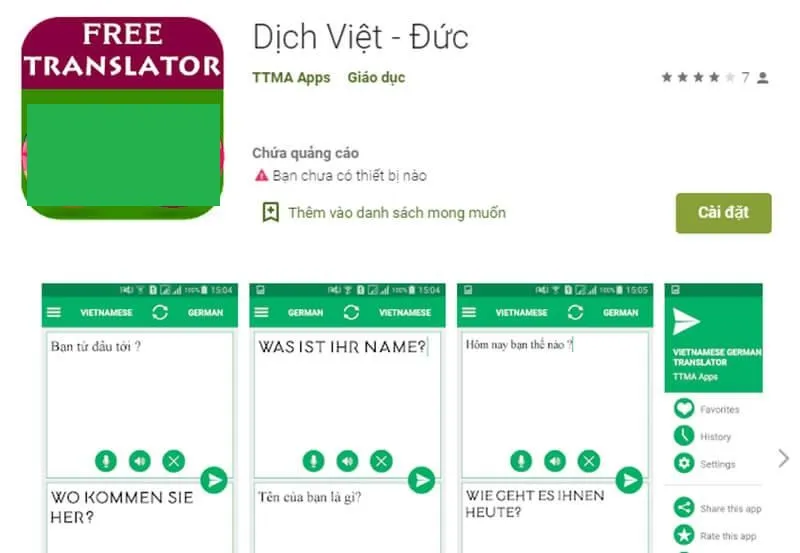 Giao diện ứng dụng dịch Đức-Việt trên smartphone