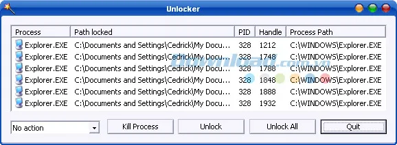 Danh sách file bị khóa hiển thị trong Unlocker
