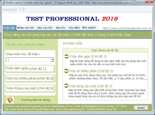 Màn hình làm việc của TestPro với ngân hàng câu hỏi