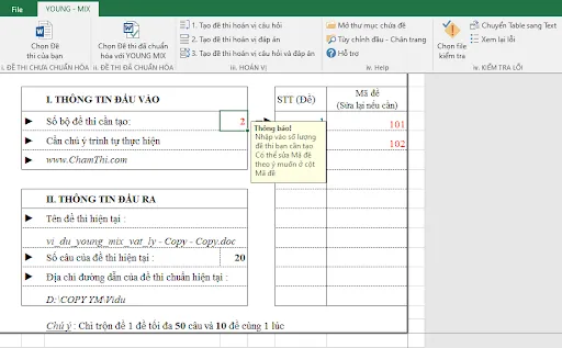 Giao diện Young Mix với các tùy chọn hoán vị